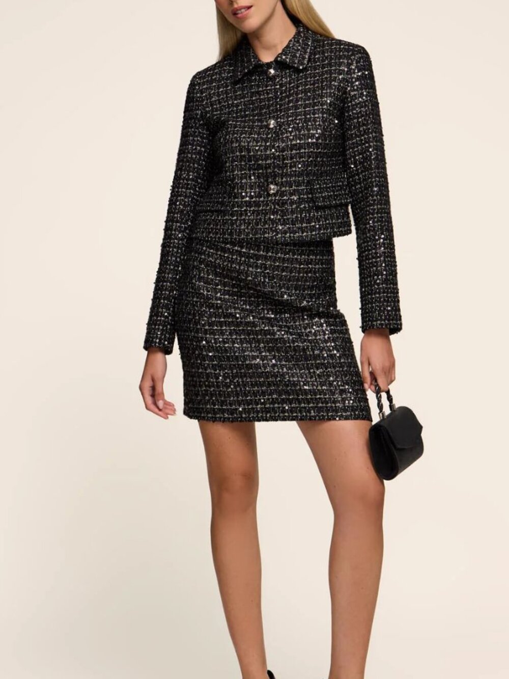 Le Chateau Black Sequin Tweed Blazer Jacket (XL) & A-Line Skirt (15) Suit Set